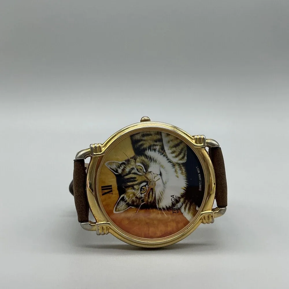 Vintage Troica Cat Dial Womens Watch 41mm Gold Tone Brown Leather New Battery